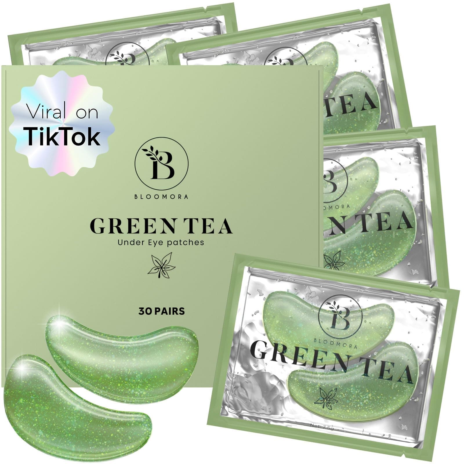 BLOOMORA Green Tea Under Eye Patches (30 Pairs) - Dark Circles & Puffiness Care - Hydrating Green Tea Eye Mask