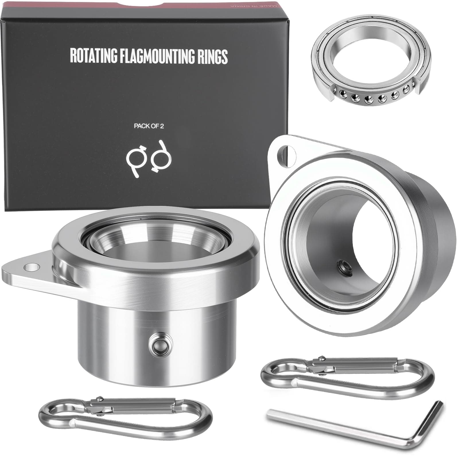 Bearing Steel Ball Flag Pole Rings, Tangle Free Aluminum Alloy Flag Pole Spinners, 360° Rotating Flagpole Rings with Carabiners, Fit Flagpole with 0.75-1 inch Diameter, Flagpole Parts, 1 inch Silver