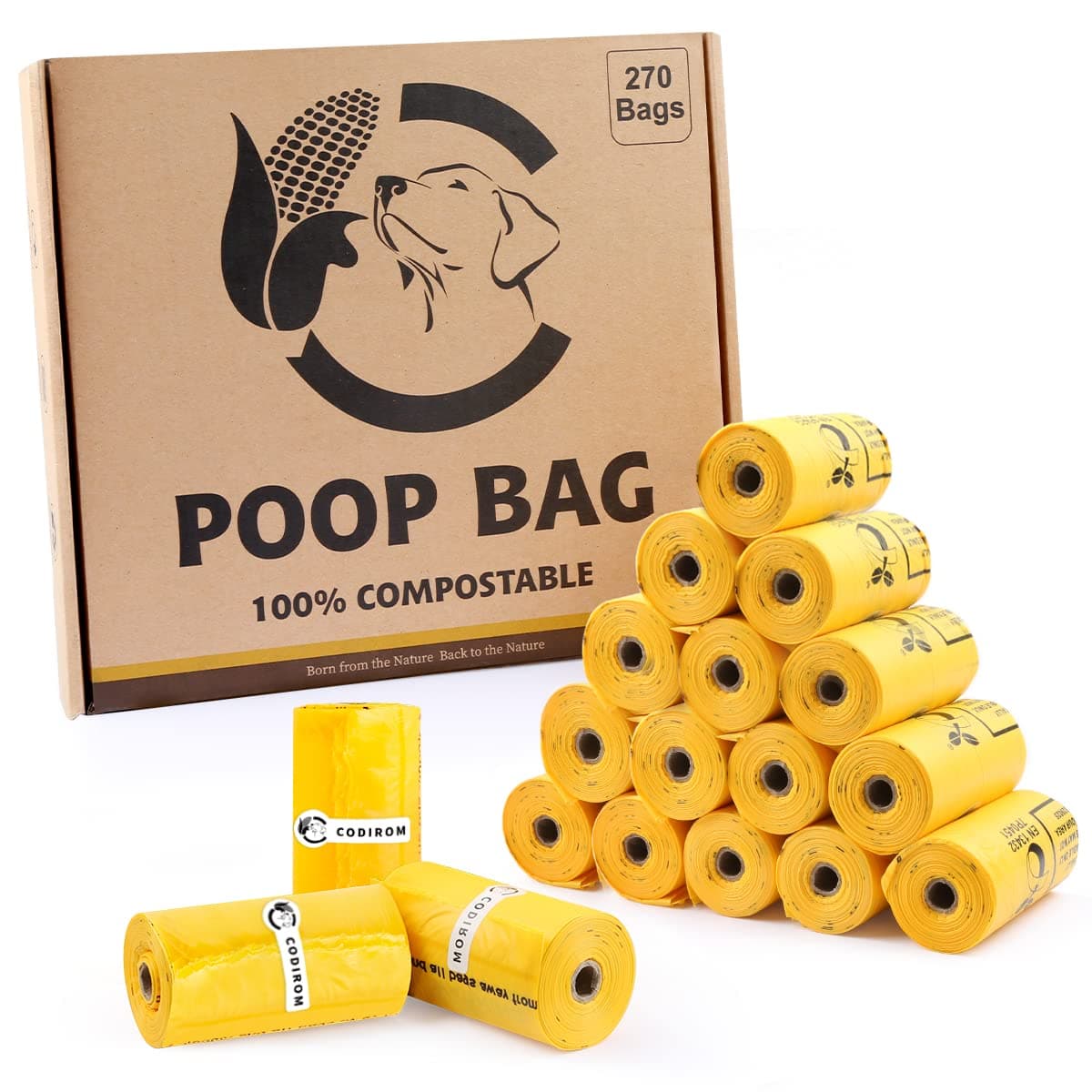 Certified Compostable Dog Poop Bags, 270 Count Eco Friendly and Leakproof Dog Waste Bags, Easy Open 100% Maize Yellow Poop Bag for Dog, 15 Doggy Bags Per Roll (18 rolls)