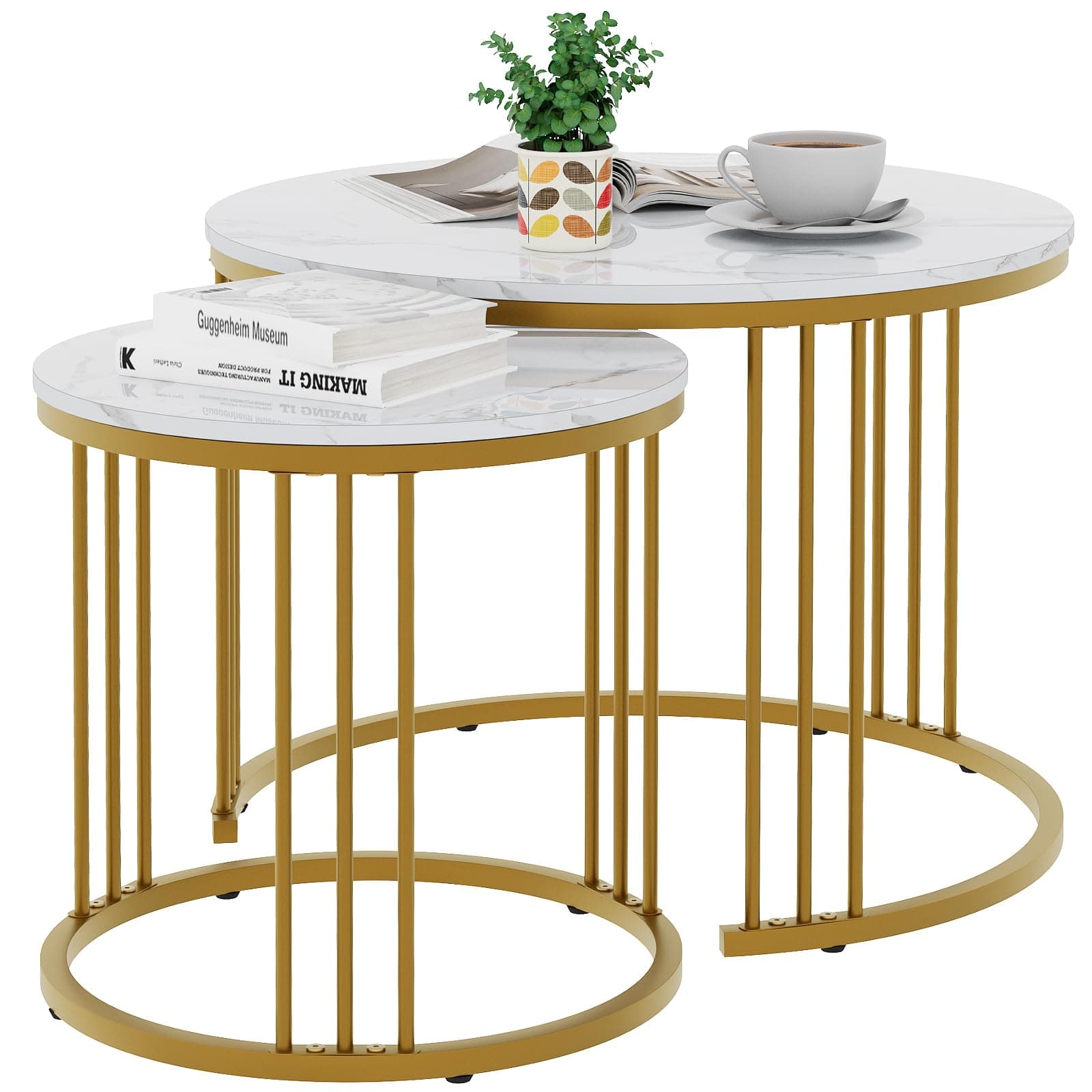 Garden 4 you Coffee Table Faux Marble Nesting Table for Small Place 2 Sets Modern Furniture Living Room Sets End Side Table Night Stand for Bed Room Dining Room (White & Gold)