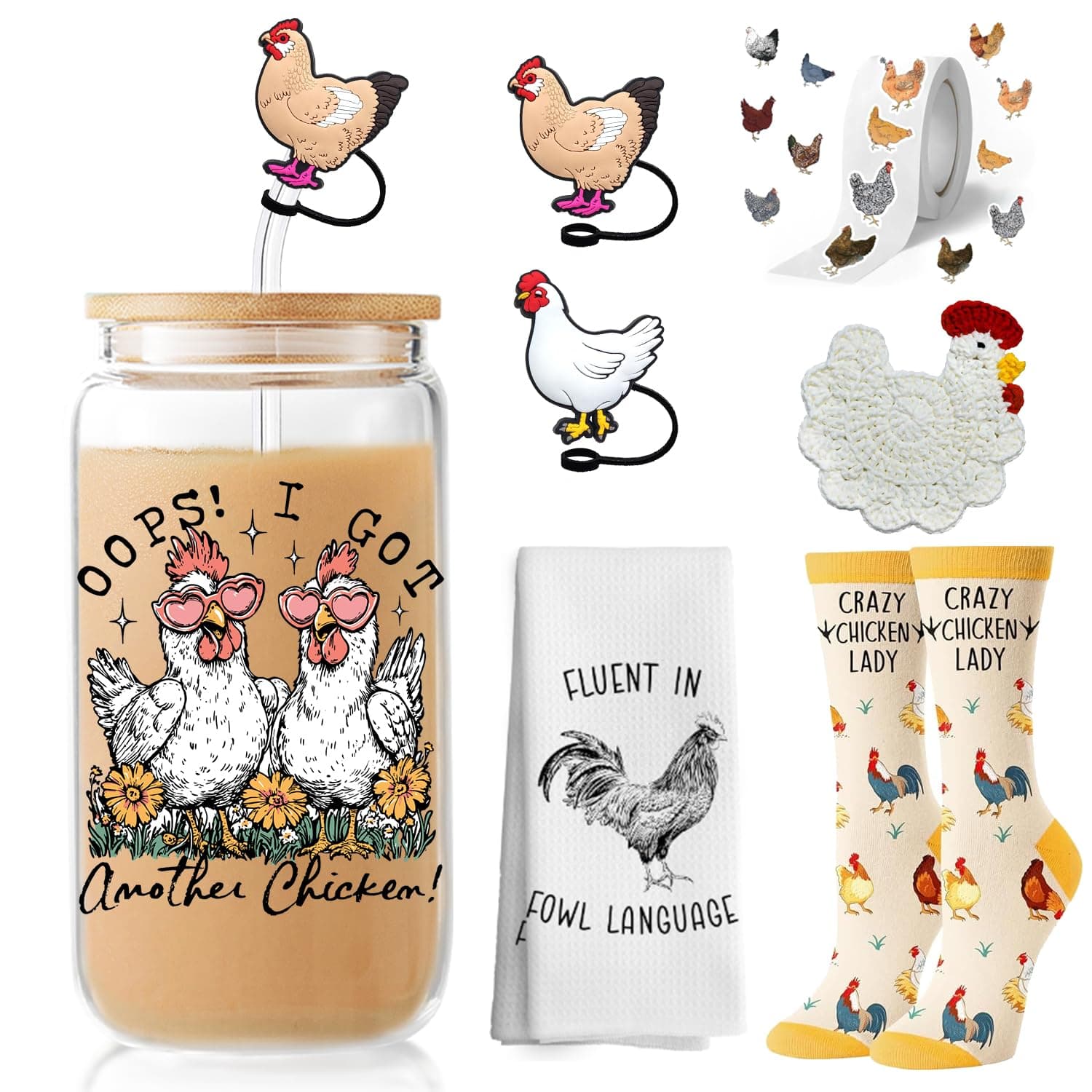 XiQiCYun Chicken Lover Gifts for Women, Funny Crazy Chicken Lady Accessories, 16oz Iced Coffee Glass Cup with Lid and Straw, 2 Chicken Straw Covers, Chicken Stickers, Coaster, Towel, Socks