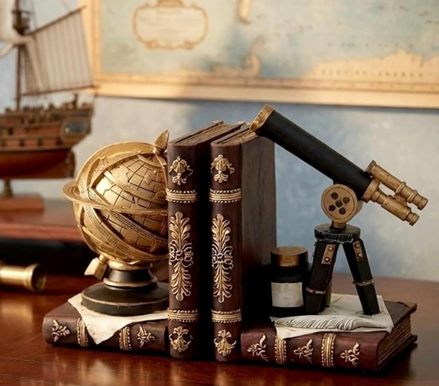 Bellaa Galileo Bookends, Telescope, Globe, Armillary Sphere, Astronomy