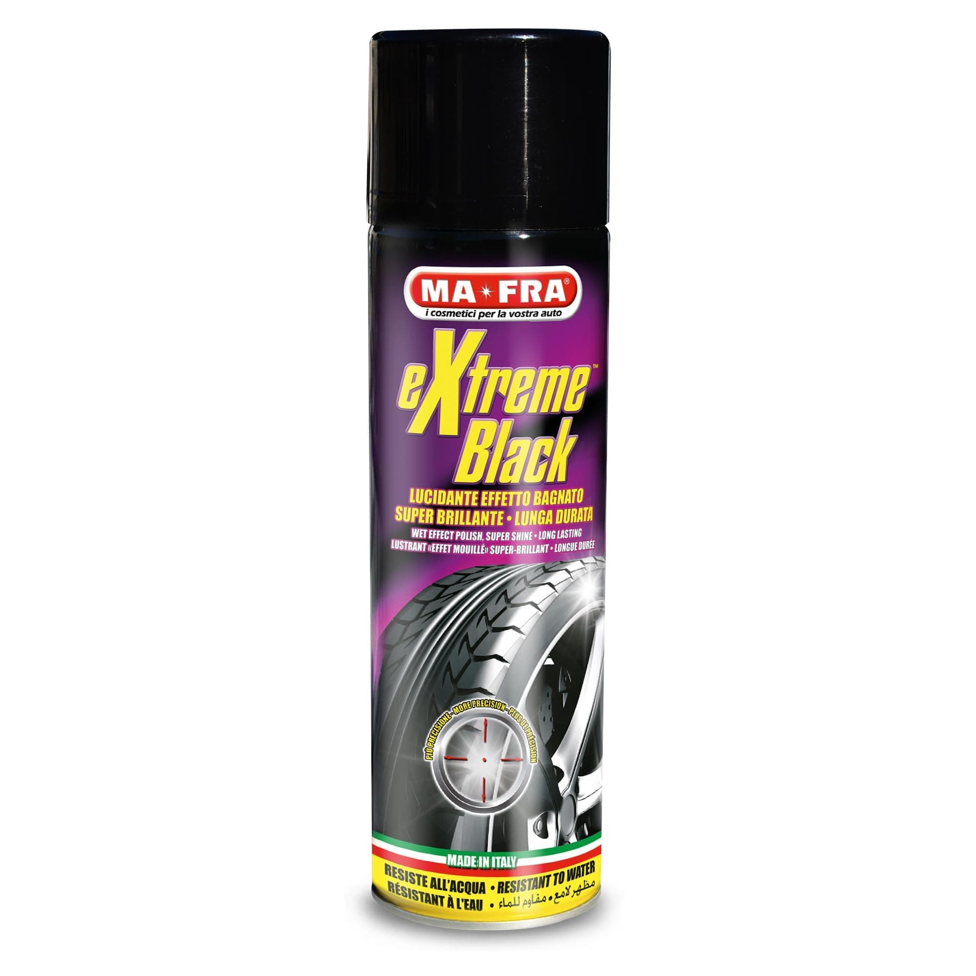 Ma-Fra, Extreme Black, Ultra-Shine Tyre Black Spray, with Wet Effect, Prevents Cracking, Resistant to Rain and Frequent Washing, Gives a Supersport Effect, Size 500ml