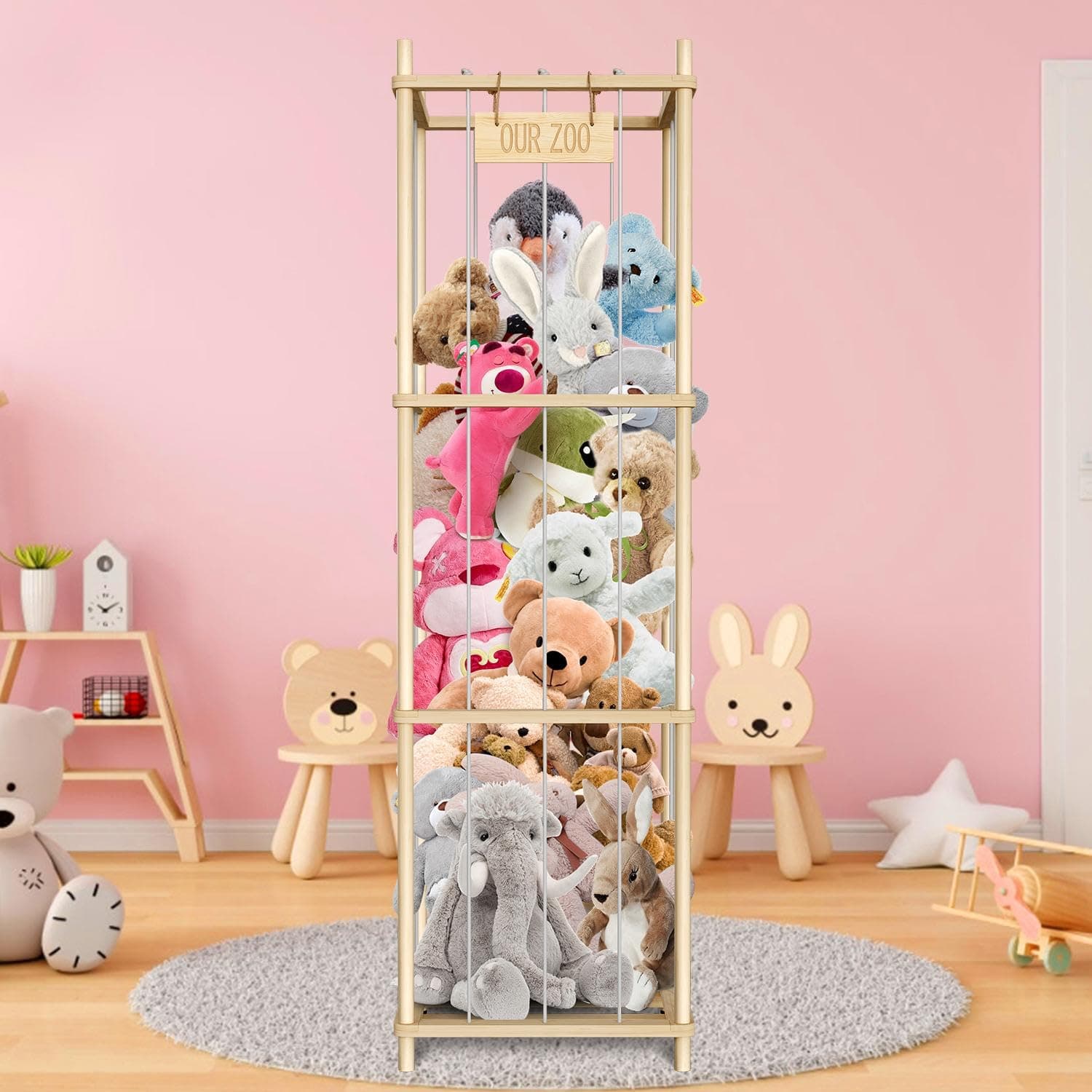 Stuffed Animal Storage, Wood Stuffed Animal Zoo, 3-Tier Large Toy Storage for Toddler, Space Save Vertical Stuffed Animals Holder Holds 50+ Stuffed Animals for Nursery Playroom Bedroom
