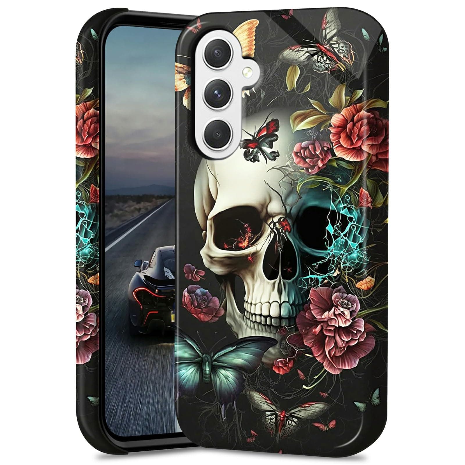 BEOTIWAD Butterfly Skull Flower Phone Case for Samsung Galaxy A15 5G 6.5" Dual Layer Hybrid Hard PC & Silicone Protective Design Heavy Duty Shockproof Protective Cover for Samsung A15 5G