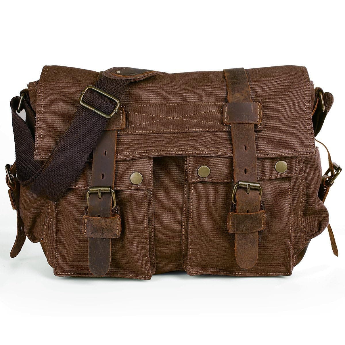 Peacechaos Messenger Bag Leather Canvas Shoulder Bookbag Laptop Bag + Dslr Slr Camera Canvas Shoulder Bag (Brown)