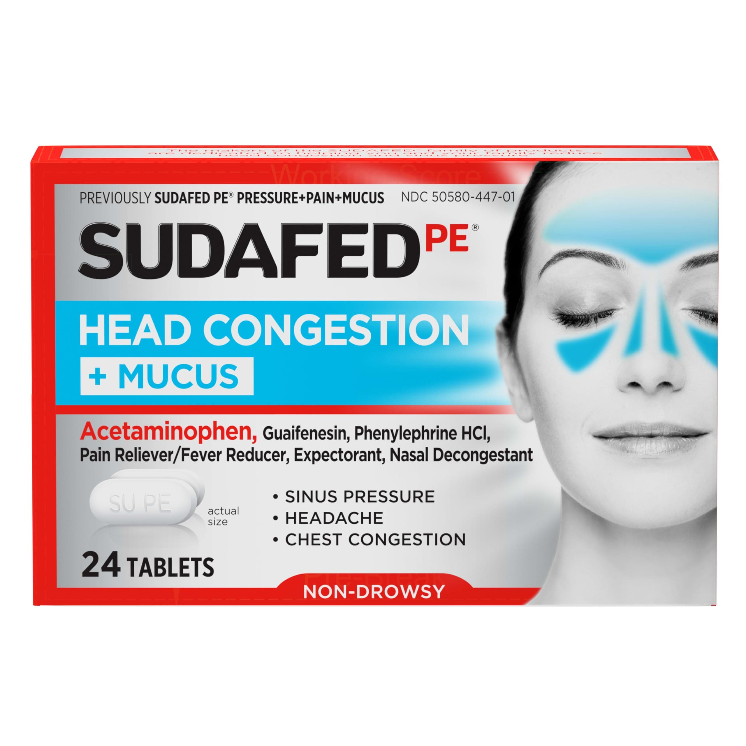 Sudafed PE Head Congestion + Mucus Relief Tablets for Sinus Pressure, Congestion, & Headache, Non-Drowsy Decongestant with Acetaminophen, Guaifenesin & Phenylephrine HCI, 24 ct