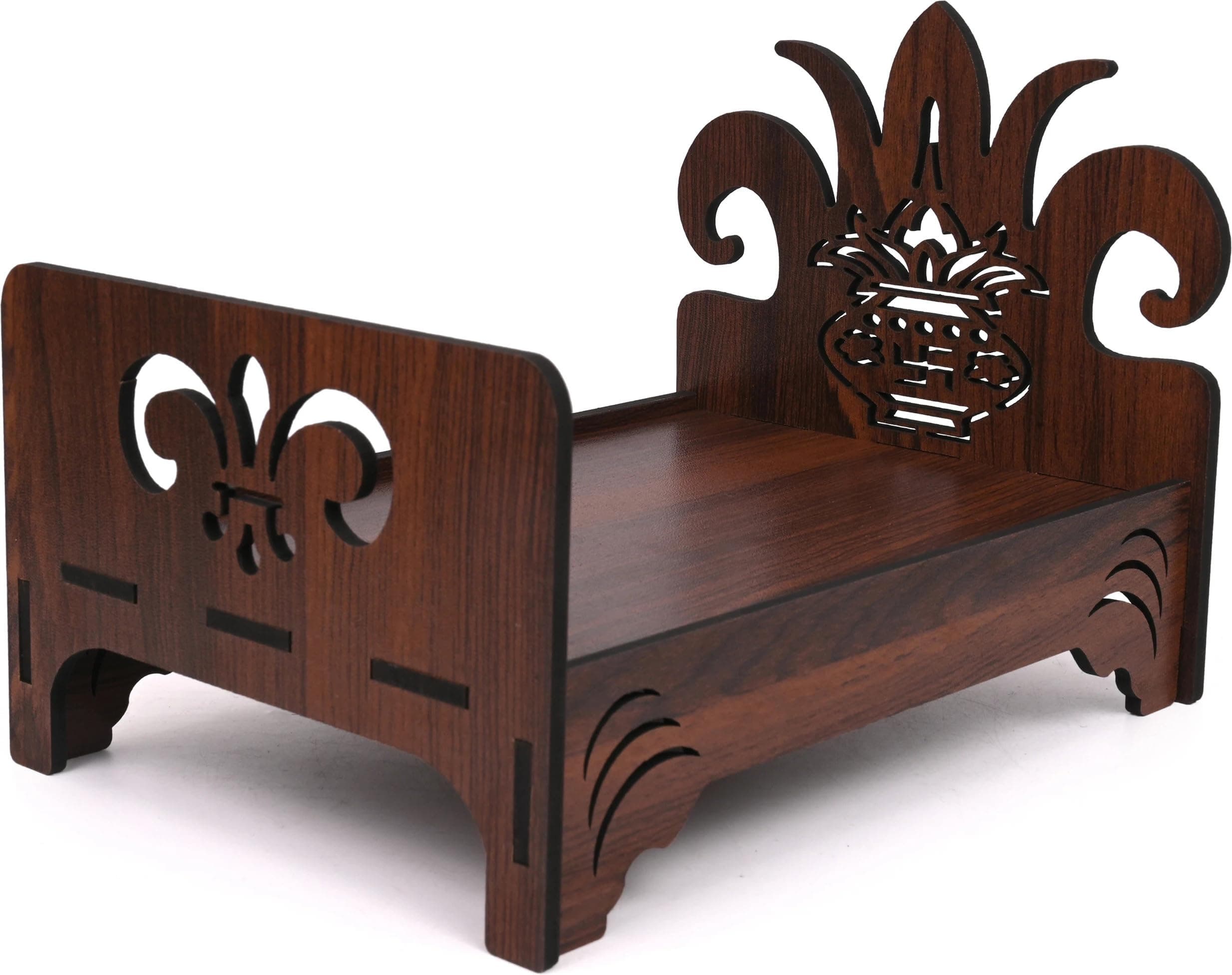 GOJEEVA KRAFT Premium Engineered Wooden Carved Pattern Designer Bed for Lord Krishna Ji, Puja Room, Home Temple, Krishna Janmotsav, God Idols (Brown) (Pack of 1)