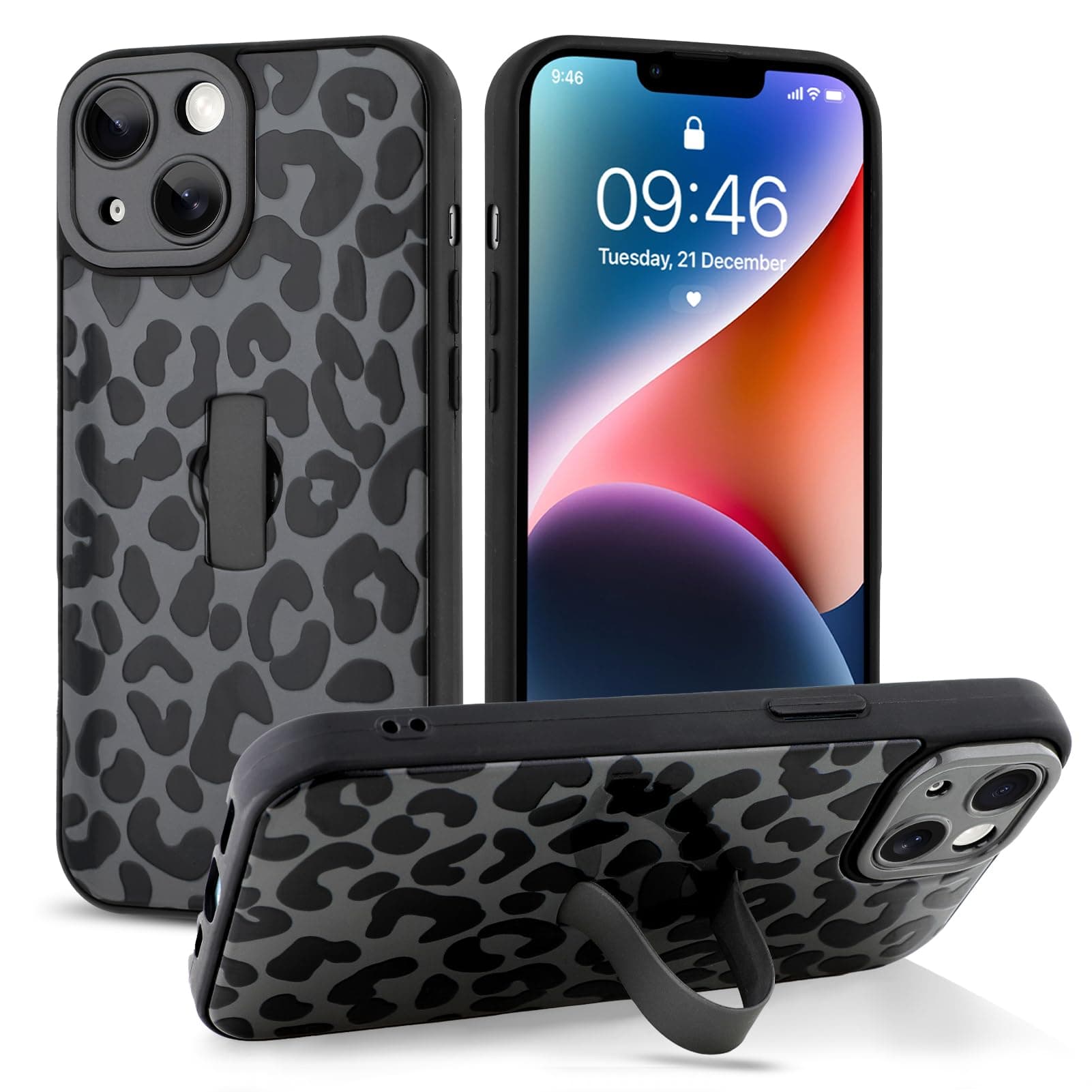 Jefonha Cute for iPhone 14 Case with Strap Stand, Black Leopard