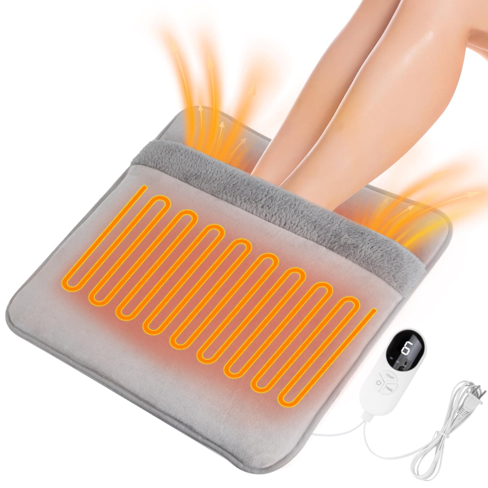 Double Sided Electric Foot Warmer with LCD Display, 9 Heat Settings & 3 Timer, Fast Heating Feet Heating Pad with Auto Shut Off, Non-Slip & Machine Washable Plush, Under Desk for Office/Home/Bed-Gray