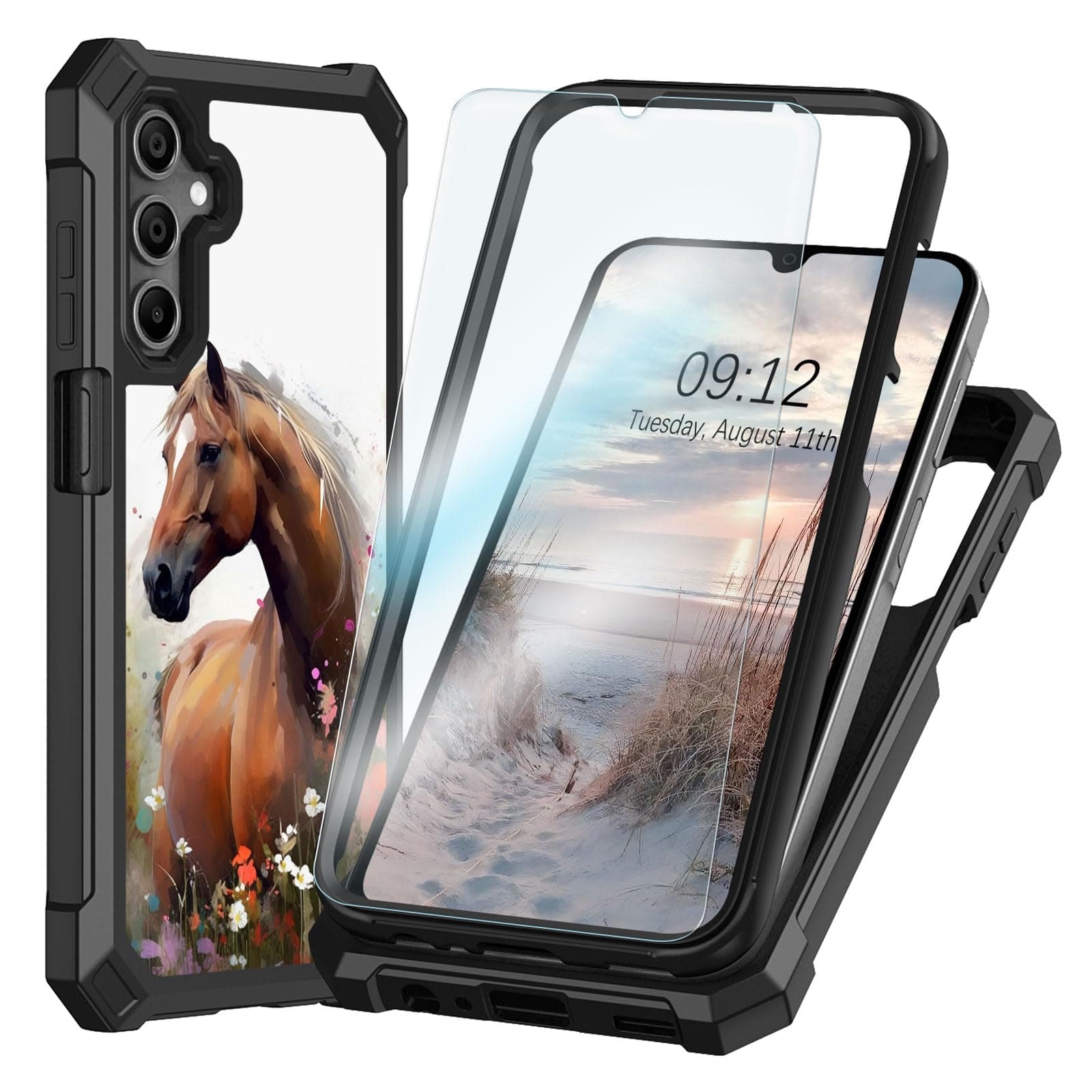 for Samsung Galaxy A15-5G Case with Tempered Glass Screen Protector, Heavy Duty Shockproof Dual Layer Structure Protective Cover Silicone TPU Case for Galaxy A15 5G, Horse