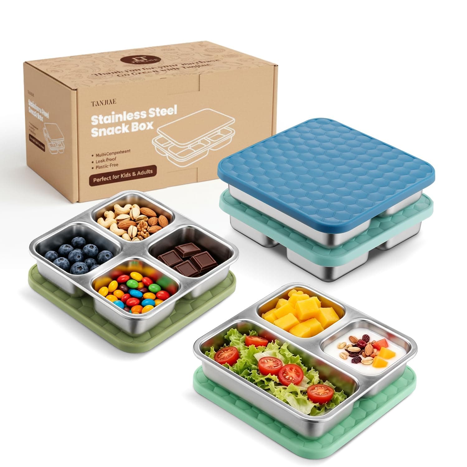 Tanjiae Stainless Steel Snack Box for Kids & Toddlers, 4-Pack 600ml Multi-Compartment Leak Proof Small Food Containers with Lids - Reusable Metal Bento Box for Daycare, School, Travel, Camping