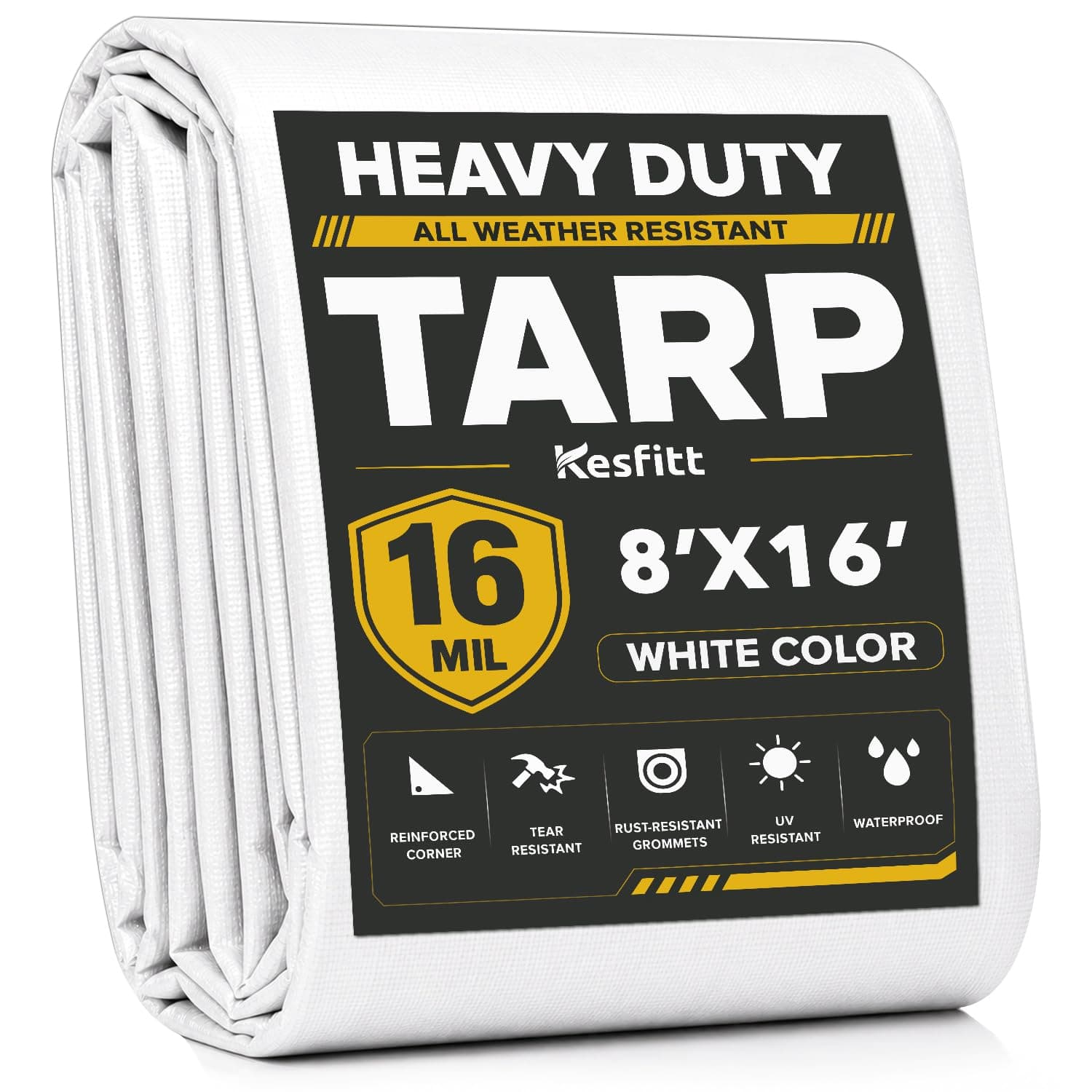Kesfitt Tarp Heavy Duty Waterproof 8x16FT,16 Mil Thick Tarps Tear&Fade Resistant,UV Resistant,Poly Tarp Cover with Grommets and Reinforced Edges for Outdoor Camping Pools Boat Car(White)