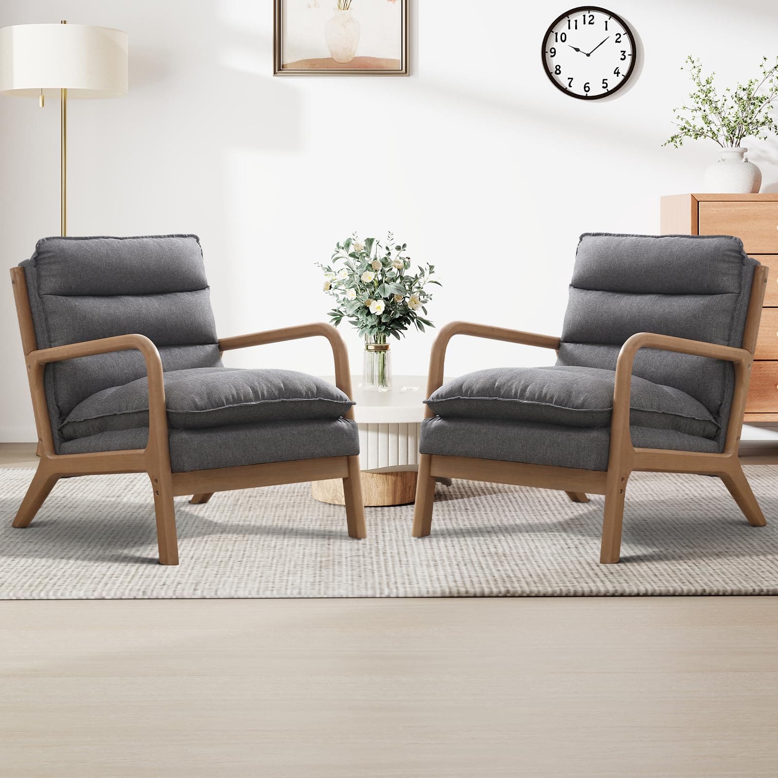 CANMOV Mid Century Modern Accent Chair Set of 2 with Lumbar Support Pillow, Upholstered Arm Chair with with Solid Wood Frame & Soft Cushion for Small Spaces, Living Room, Bedroom, Balcony, Grey