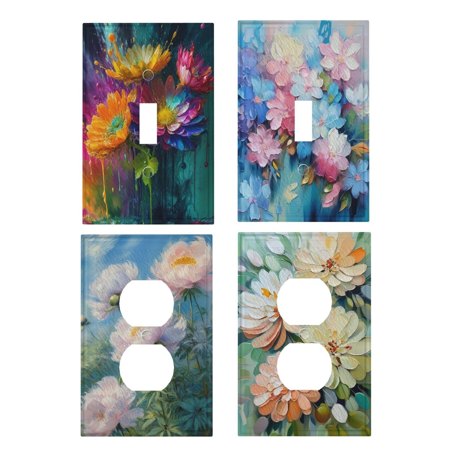 Azjincos Decorative Art Light Switch Covers Oil Painting Style Flowers 1 Gang Single Toggle Single Duplex Outlet Wall Plate Switchplate Electrical Faceplate 4 Packs Combination Design
