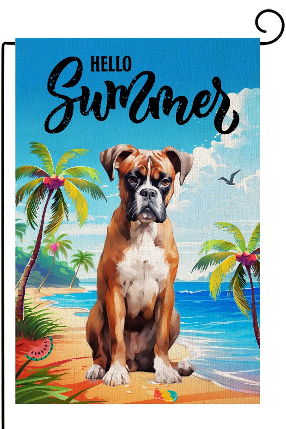 TopPacific Boxer Dog Garden Flag Hello Summer Sea Beach Dogs 12x18 Inch Double Sided Outside, Ice cream Seagull Watermelon Seasonal Holiday Yard Outdoor Decoration(9166)