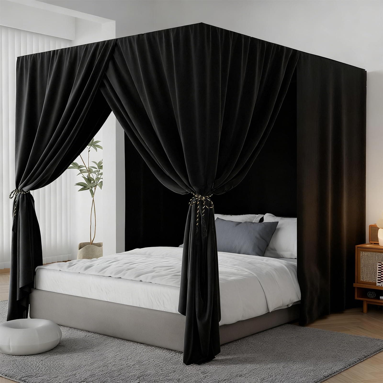 YRDKB Black Canopy Bed Curtain 4 Corner Post Bed Curtains, Queen