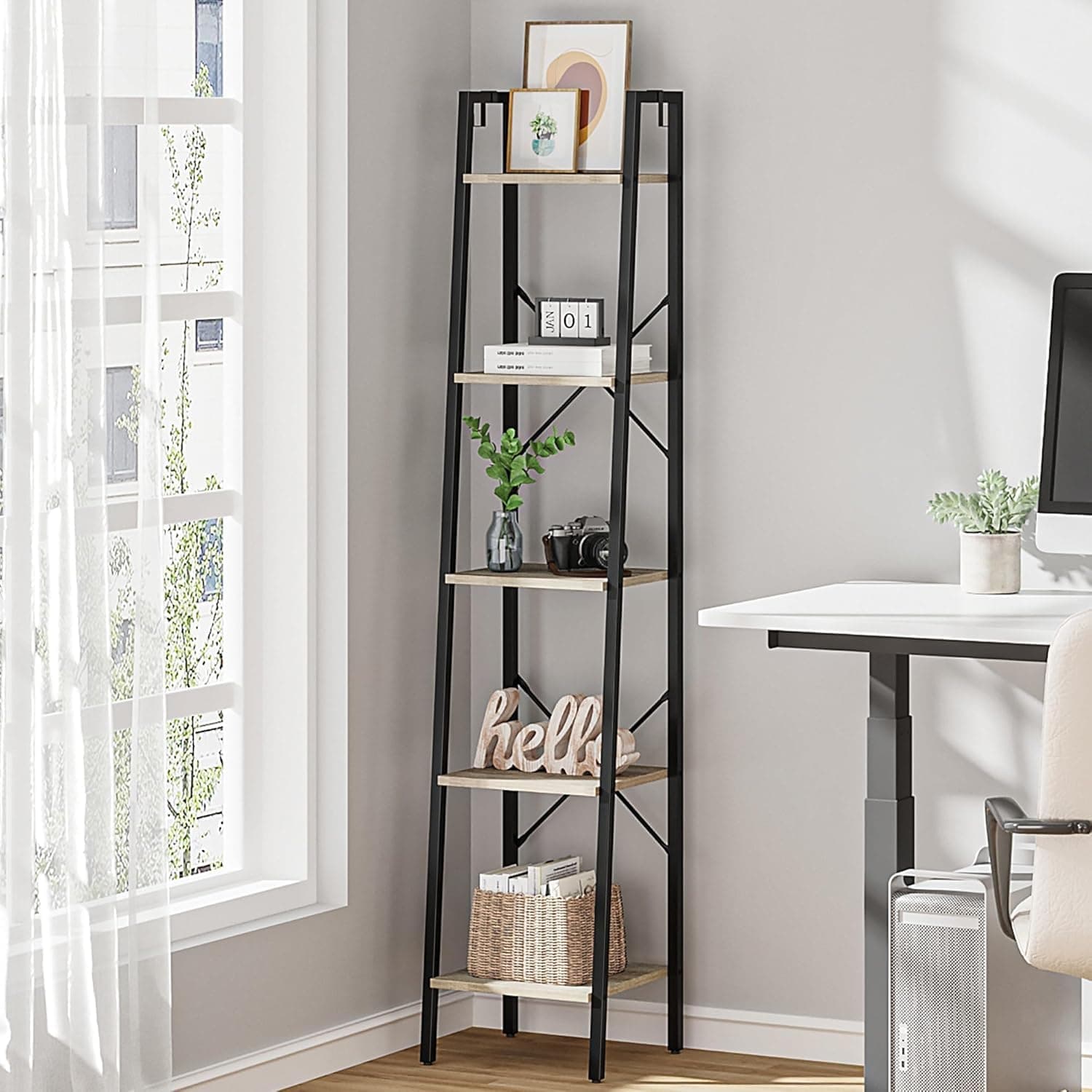 Hzuaneri 5-Tier Ladder Shelf, Narrow Bookshelf, Corner Storage Shelves, Freestanding Bookcase with 2 Hooks for Home Office, Living Room, Kitchen, Bedroom, Industrial, Greige and Black BC03205B