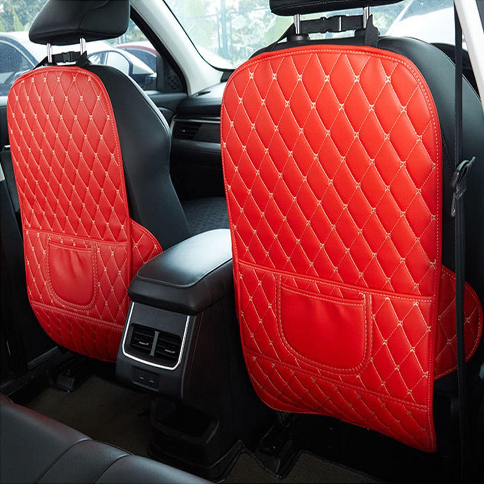 Car Seat Back Protectors for Honda Pilot 2002-2020 2021 2022 2023 2024 2025 YF, 2 Pcs Car Seat Kick Mat, Leather Backseat Kick Guard Seat Saver with Organiser Pocket, D-Red-2pcs