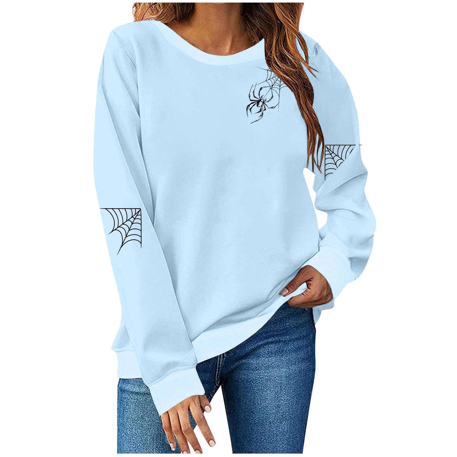 Ruziyoog Women’s Casual Sweatshirt Long Sleeve Spider Graphic Pullover Tops Fall Winter Loose Fit Crewneck Comfy Trendy Outfits Light Blue