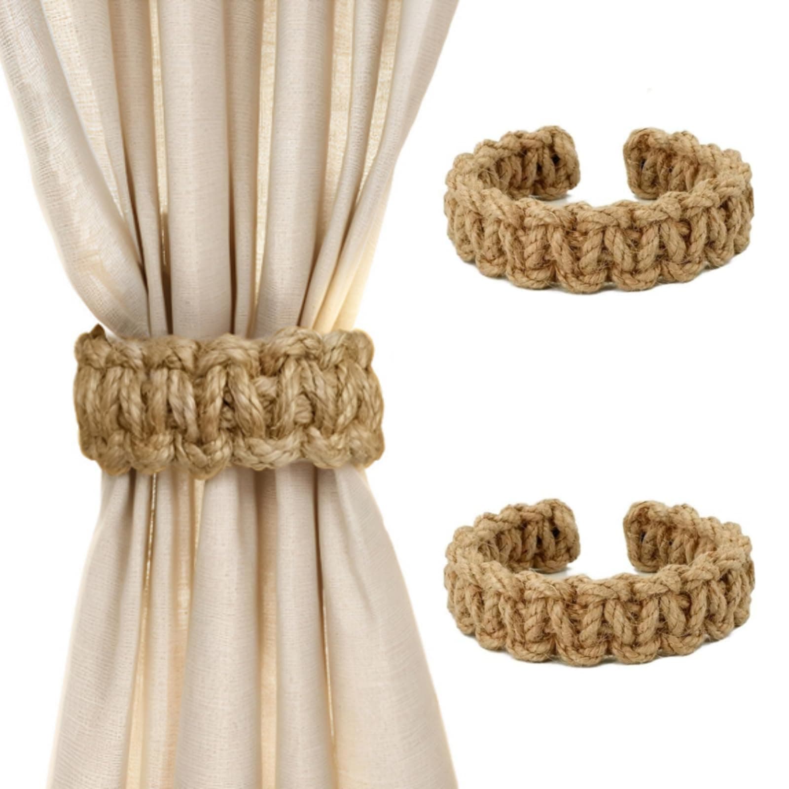 2 Pack Braided Curtain Tiebacks, Farmhouse Boho Rustic Holdbacks, Handmade Decor Accessories for Home Office Bedroom Window Drapes (2, Natural)