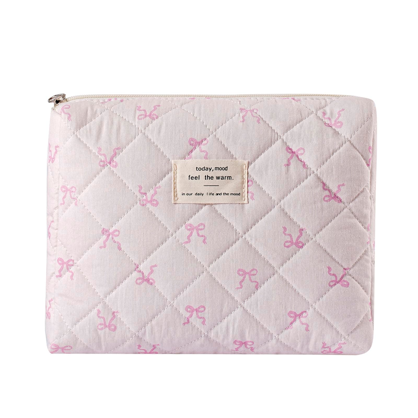 uekeboag Quilted Cotton Makeup Bag,Coquette Quilted Toiletry Bag for Women and Girls,Floral Coquette Pouch,Cute Kawaii Travel Cosmetic Bags, Cute Pink Bow