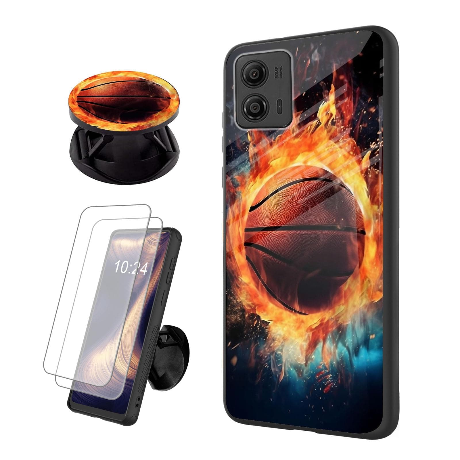 Tempered Glass Back for Moto G Stylus 2024 Case 5G, Featuring Passionate Basketball Design, Soft Screen Protector, Comfortable Grip and Glossy Finish, Versatile Stand for Hands-Free Viewing 6.7 inch