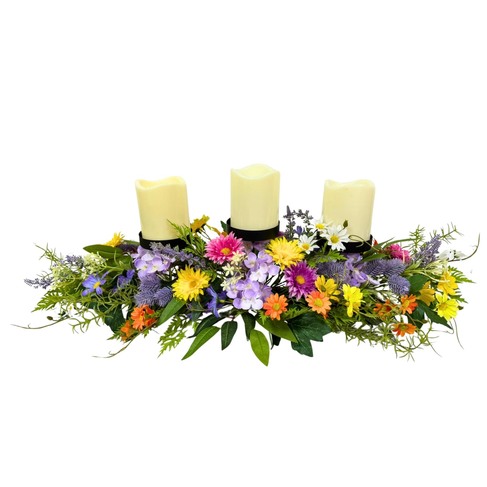 Lnymura 26 Inch Spring Summer Centerpiece with 3 Candle Holders Floral Table Centerpiece with Daisies and Wildflowers for Dining Table Mantel Wall and Farmhouse Table Decoration