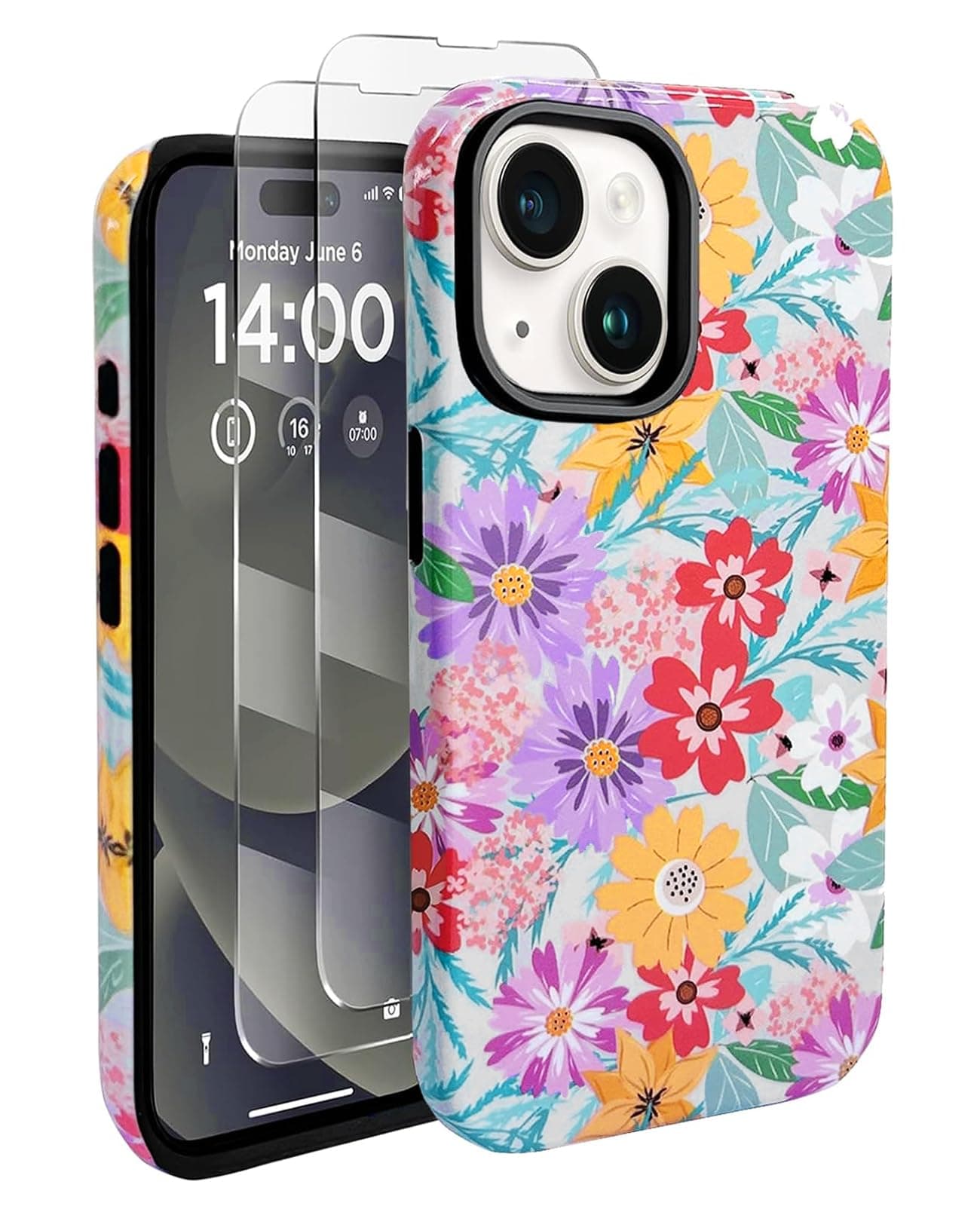 J.west Compatible with iPhone 15 Case 6.1 inch with 2 Pack Tempered Glass Screen Protectors Cute Floral Flowers Hybrid Cover for Girls Women Aesthetic Protective Phone Cases Pink Spring