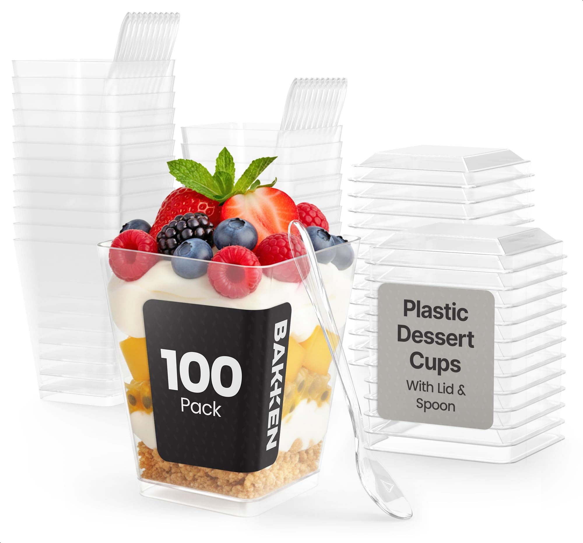 Plastic Dessert Cups with Lids and Spoons (Pack of 100) – Single-Serve Parfait & Appetizer Cups, Spill-Resistant, Heavy-Duty Design, Ready-to-Use for Parties, Catering & Special Events, BPA-Free