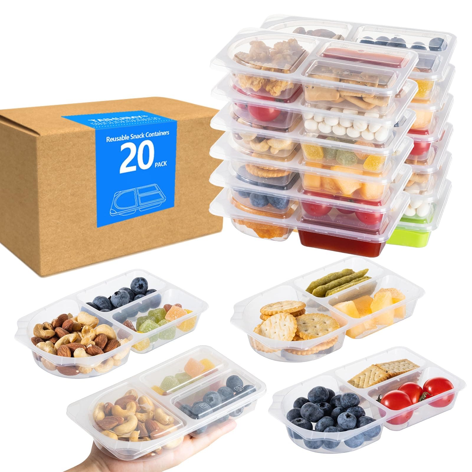 Reusable Snack Containers with Lids for Kid, New 3 Compartment Large Capacity Condiment Portion Control Meal Prep Containers for School lunch, Go out Travel, Party (9 oz(20Pcs))