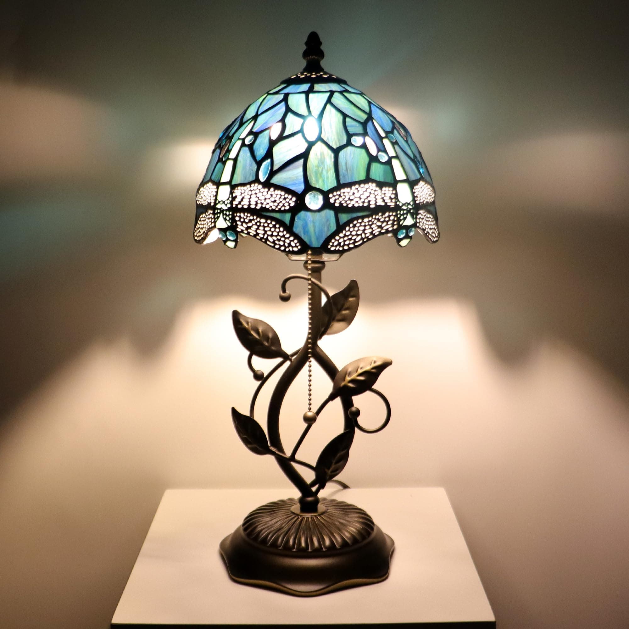 MQYXH Tiffany Style Stained Glass Table Lamp Sea Blue Dragonfly 18 Inch