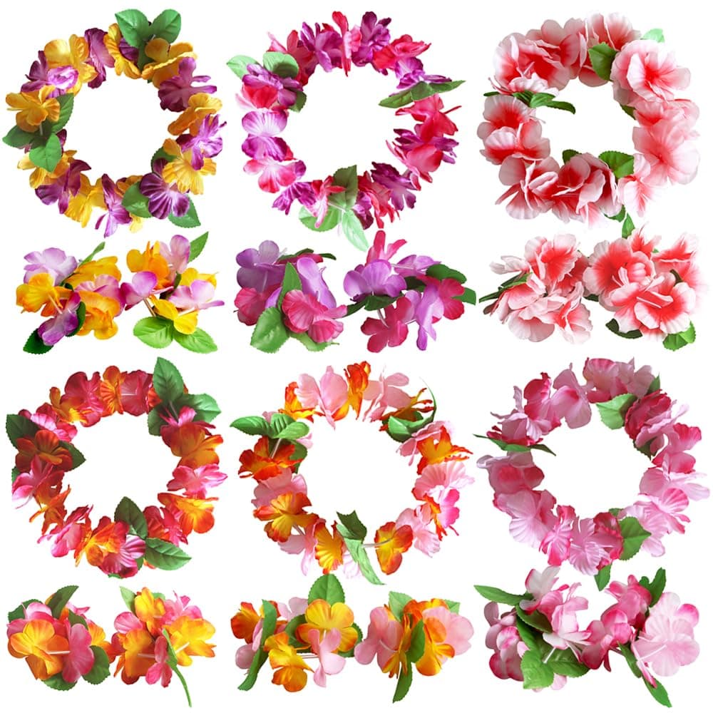 WLBON Hawaiian Headband Wristbands Hawaii Tropical Luau Women Leaf Flower Headpiece Hairband Hair Bands Bracelets Beach Summer Wedding Holiday Festival Birthday Dress Up Party Decorations Supplies