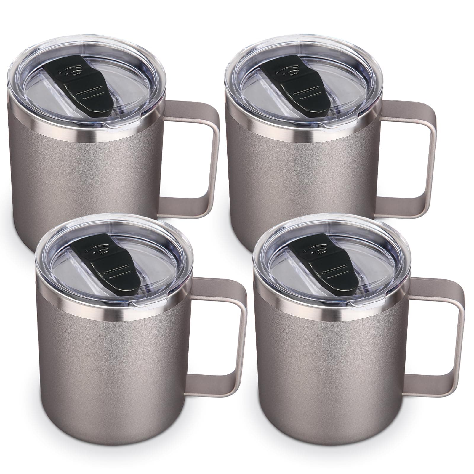 Volhoply 14oz Insulated Stainless Steel Coffee Mug with Lid Bulk 4 Pack,Double Wall Vacuum Travel Coffee Cup with Handle,Reusable Metal Cups Tumbler,Camping Mugs Keep Hot/Cold(Gray,4)
