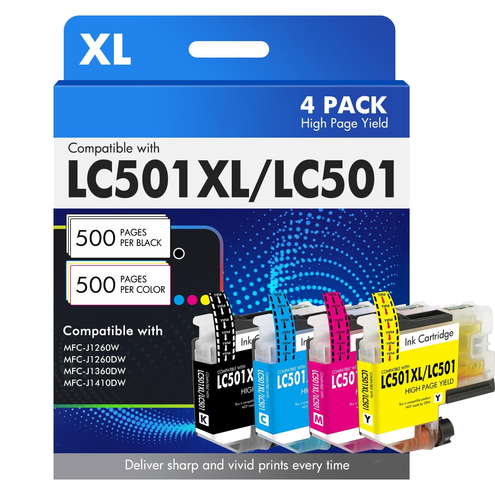 LC501 LC501XL MFC-J1360DW Ink Cartridges for Brother Printer Work Smart 1360 MFC-J1260W MFC-J1260DW MFC-J1410DW MFC J1360DW J1260W J1260DW J1410DW Series Printer (4 Pack Black Cyan Magenta Yellow)
