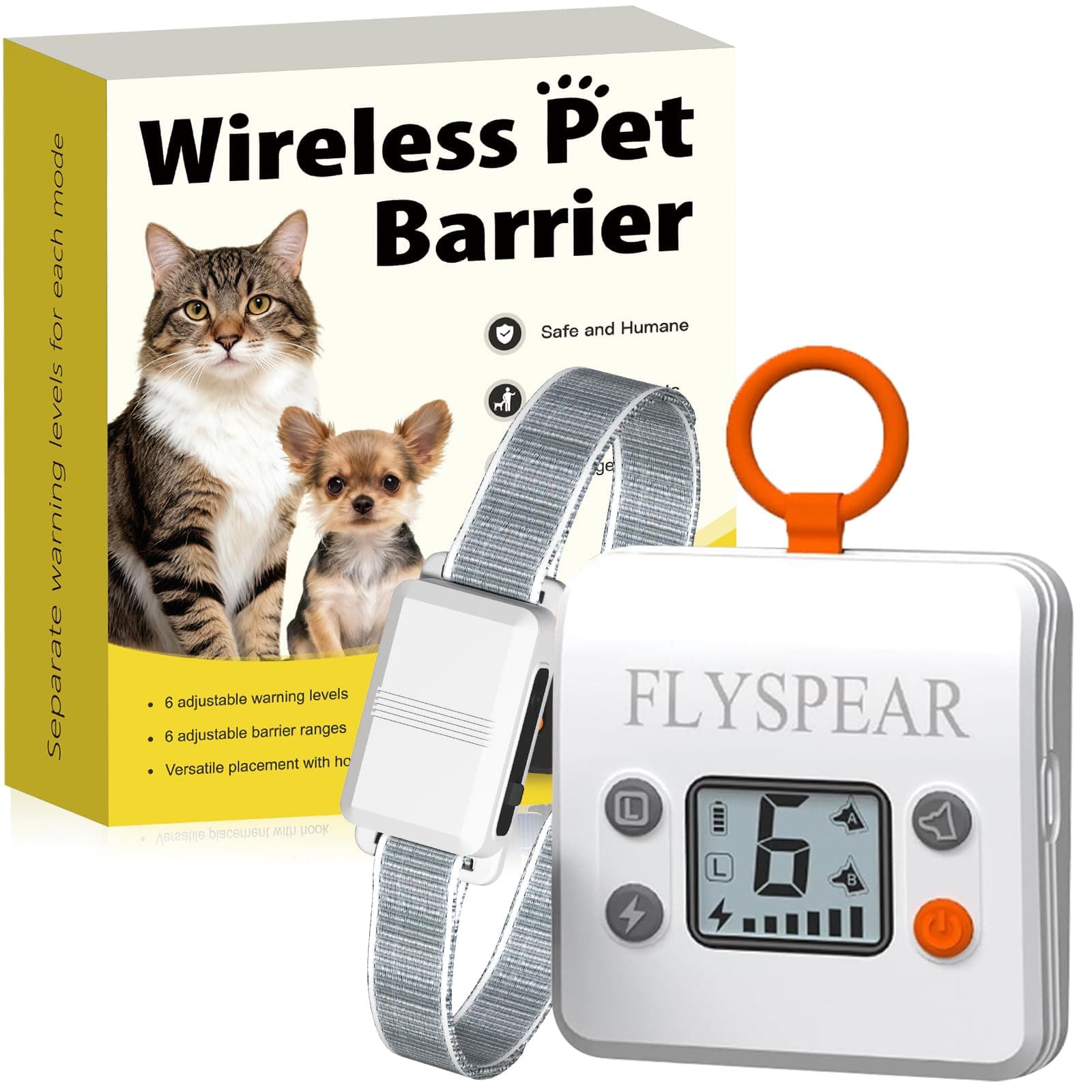 FLYSPEAR Wireless Cat Barrier - Rechargeable Indoor Barrier with 6 Adjustable Range Radius up to 7 ft, 6 Adjustable Safe Static Intensity, Electric Fence System for Cats Small Dogs with Hook (White)