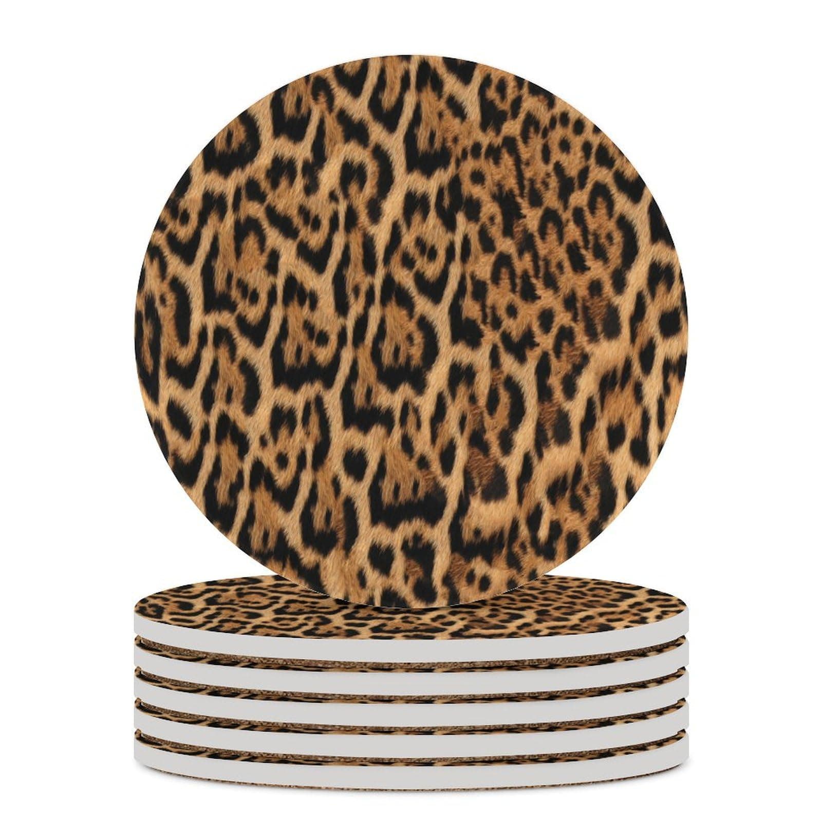 Round-6PCS Leopard Print Ceramic Coasters, Round Absorbent Drink Coasters, Wild Animal Skin Black Brown Fur Leopard Print Ceramic Table Coasters for Coffee, Beverage, Wine, Beer Coasters