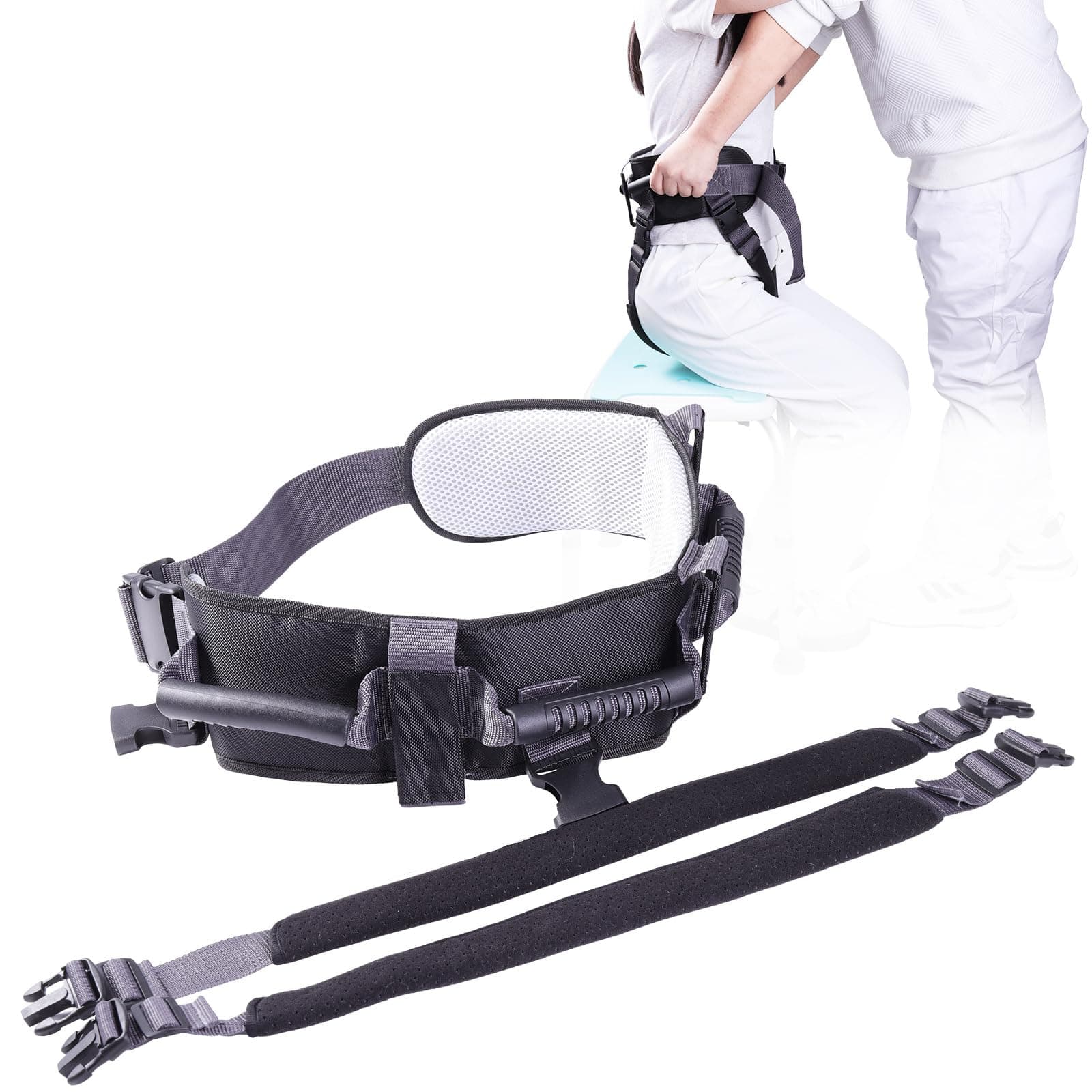OUWERALL Gait Belt with 7-Pivot Handle - Lift Assist Technology Reduces Caregiver Strain 40%, Strap Quick Release Buckle,Detachable Thigh Belt (Black, L)