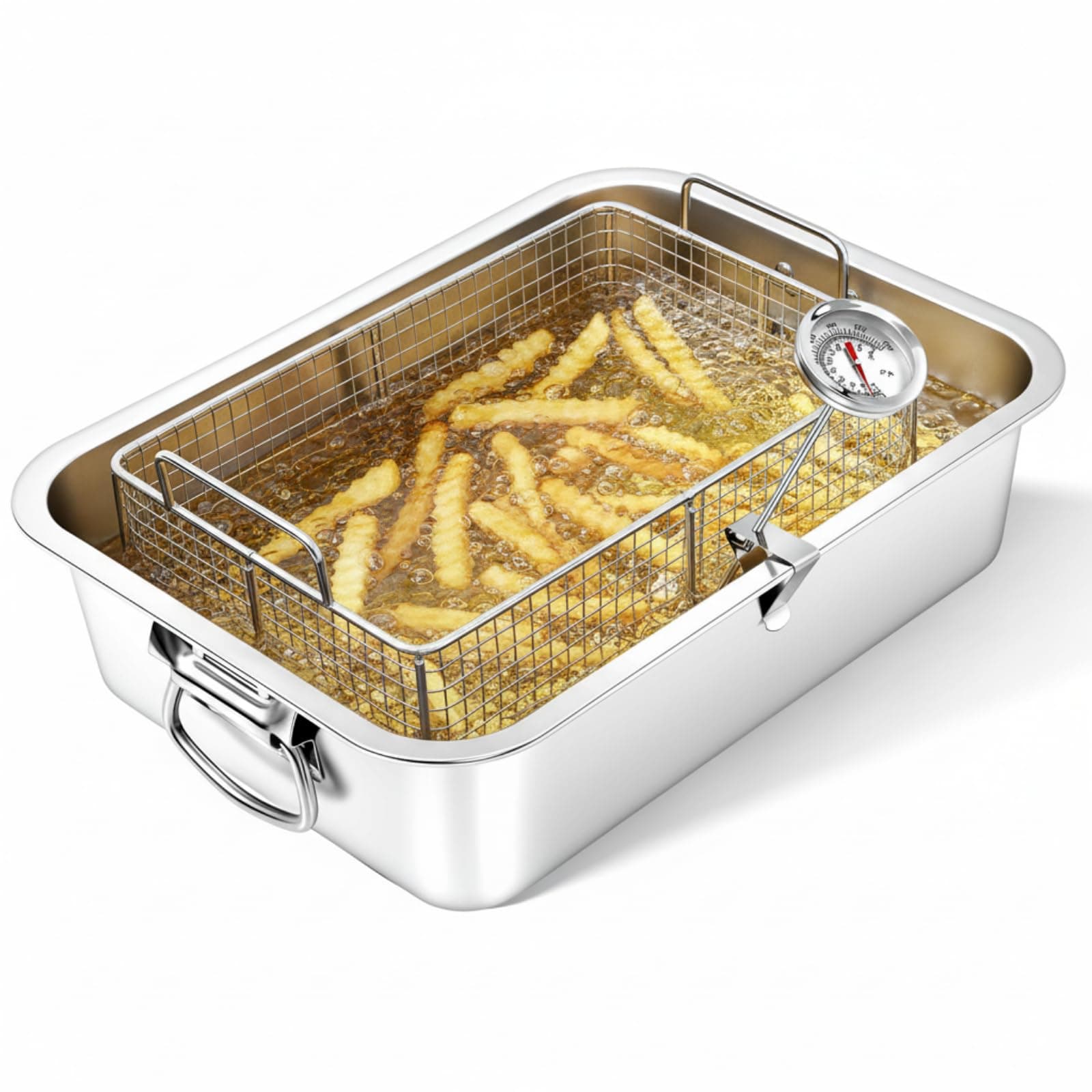 Teenyyou 10 Qt Stove Top Deep Fryer with Basket 304 Stainless Steel Deep Fryer Pan Chicken Frying Pot with Oil Thermometer for Kitchen Outdoor Cooking French Fries Fish