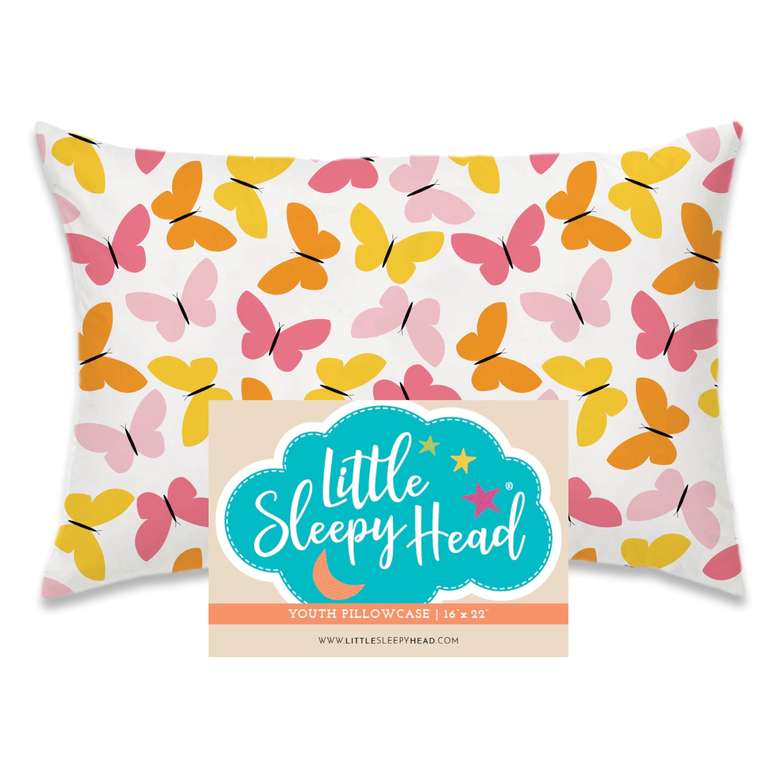 Little Sleepy Head Youth Pillow Case - 100% Made Cotton & Hypoallergenic Pillow Case - Snug Fit Envelope Pillowcase Enclosure - Youth Pillow 16x22 Size - (Butterflies) Design Travel Pillow Cover