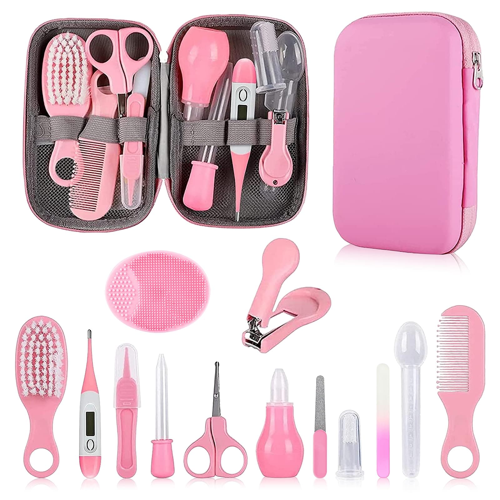 WXA Kit de toilettage pour bébé, ensemble de soins de sécurité pour nourrissons avec brosse à cheveux, peigne, coupe-ongles, aspirateur nasal, nettoyeur d'oreille, kit essentiel pour nouveau-né filles