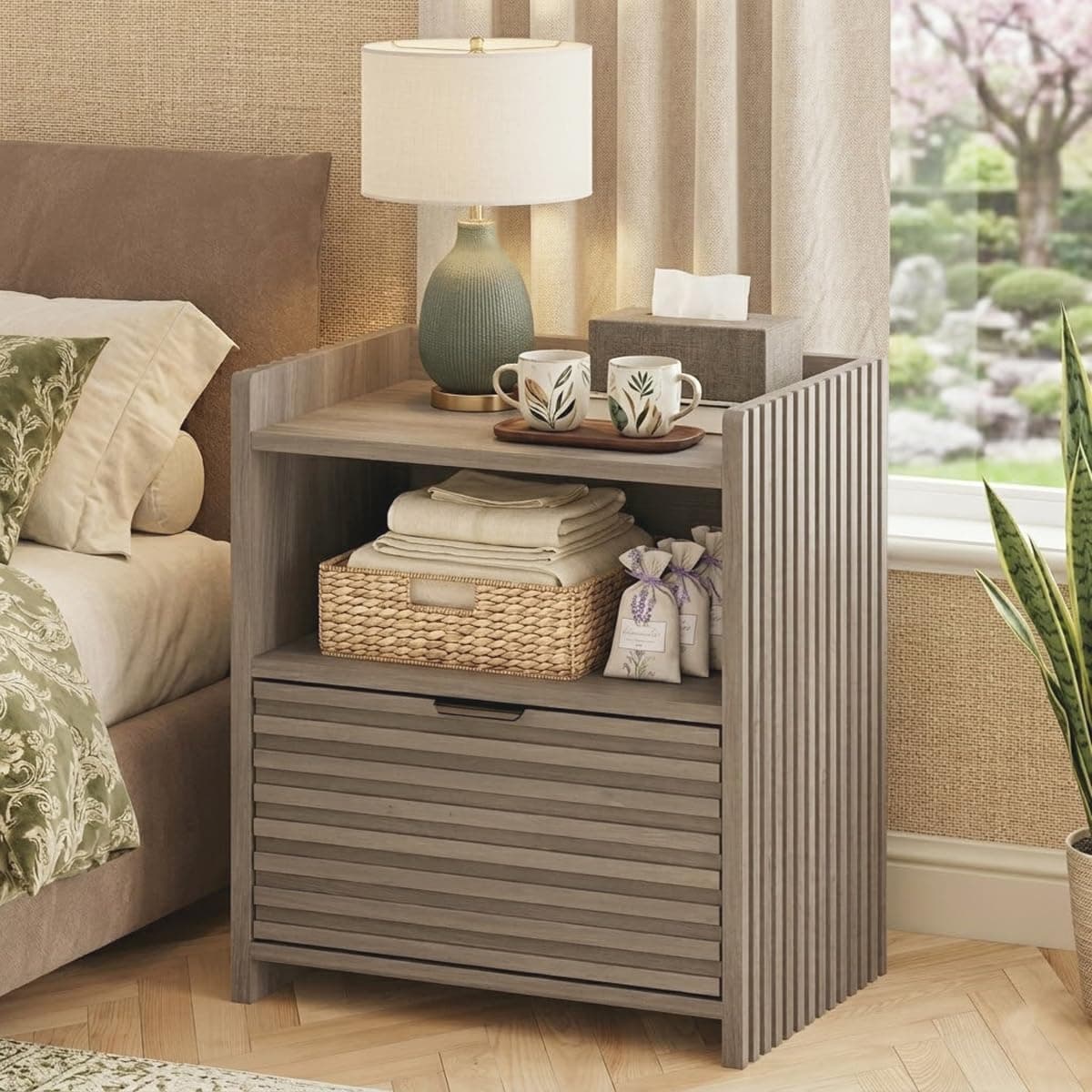 BON AUGURE Nightstand, Grey Fluted Night Stand, Wooden Bedside End Tables with Drawer Storage, Modern Bed Side Night Stands for Bedroom, Living Room (Greige Oak)