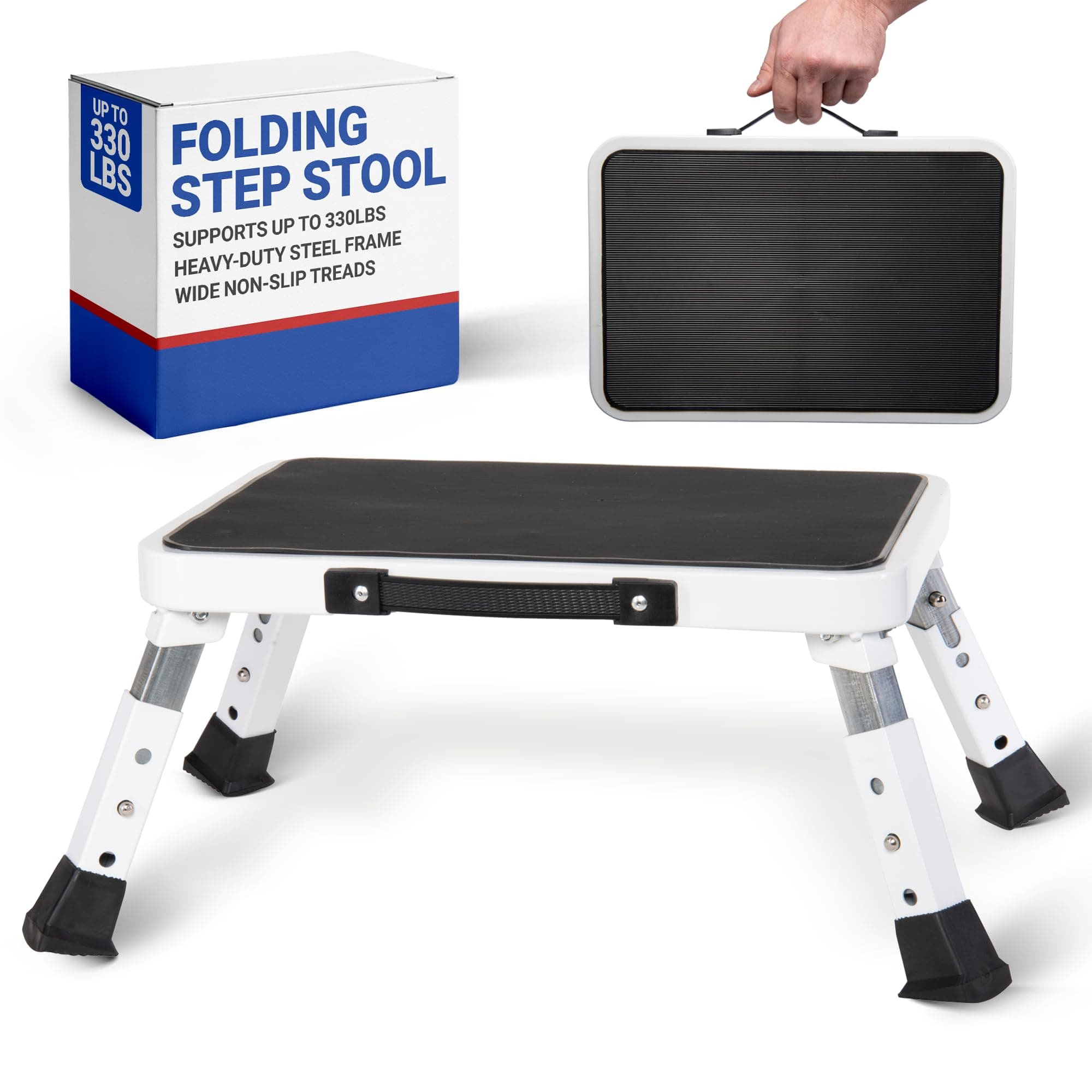 Arrigo Folding Step Stool with 3 Adjustable Heights – 330lb Capacity, Wide Anti-Slip Treads – Compact, Portable & Collapsible – Foldable Bed Stairs, Kitchen Ladder & Foot Stool for Adults