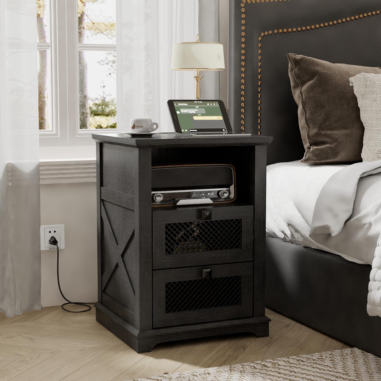 FFBCFDK Farmhouse End Table with Charging Station, Nightstand with 2 Drawers & Open Storage,Sofa Side Table with Mesh Drawers, Design Bedside Table for Living Room, Bedroom, Black