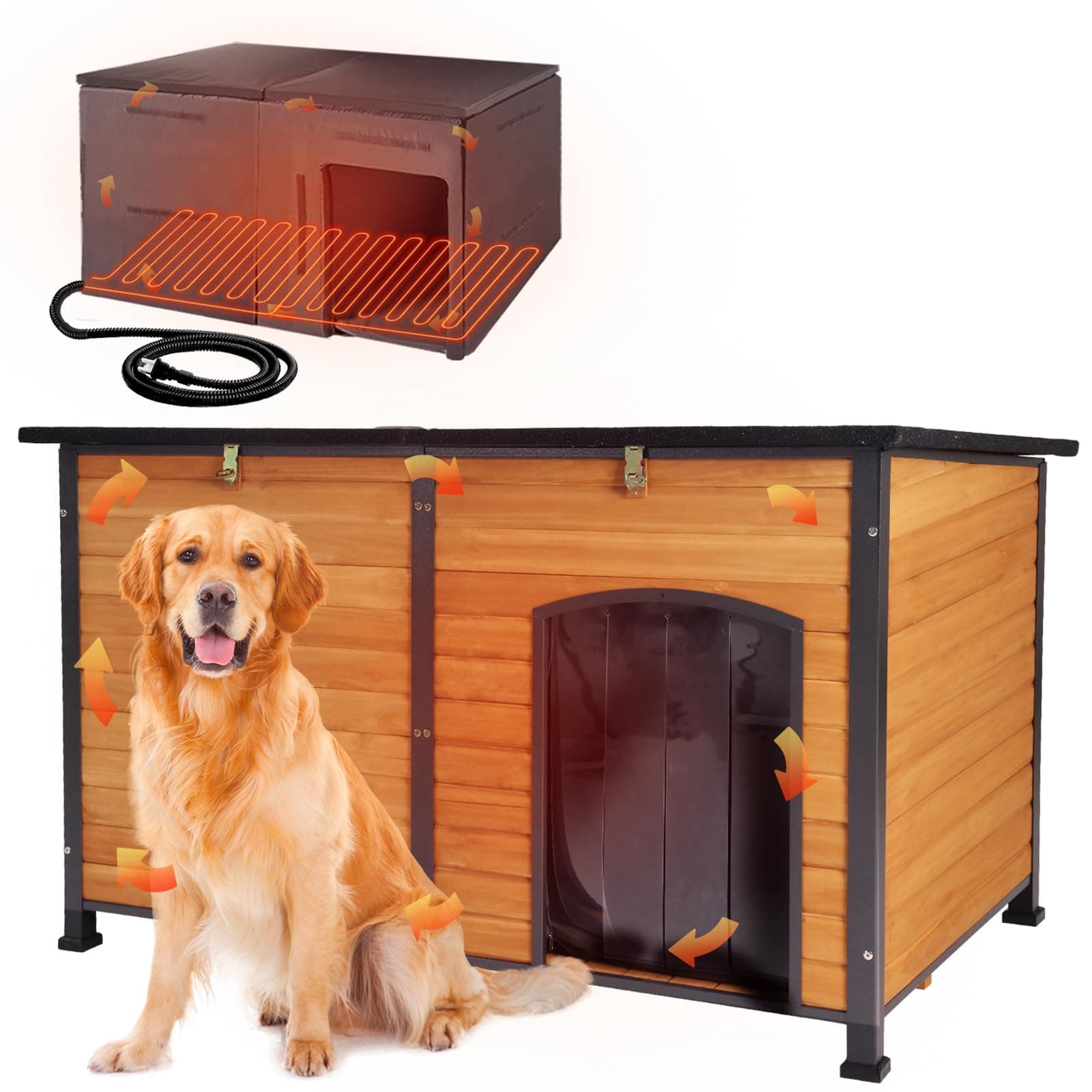 Aivituvin Heated Dog House Outdoor with Heating Pad 59" Extra Large Insulated Dog Kennel with Heating System & Insulation Liner,All-Around Iron Frame