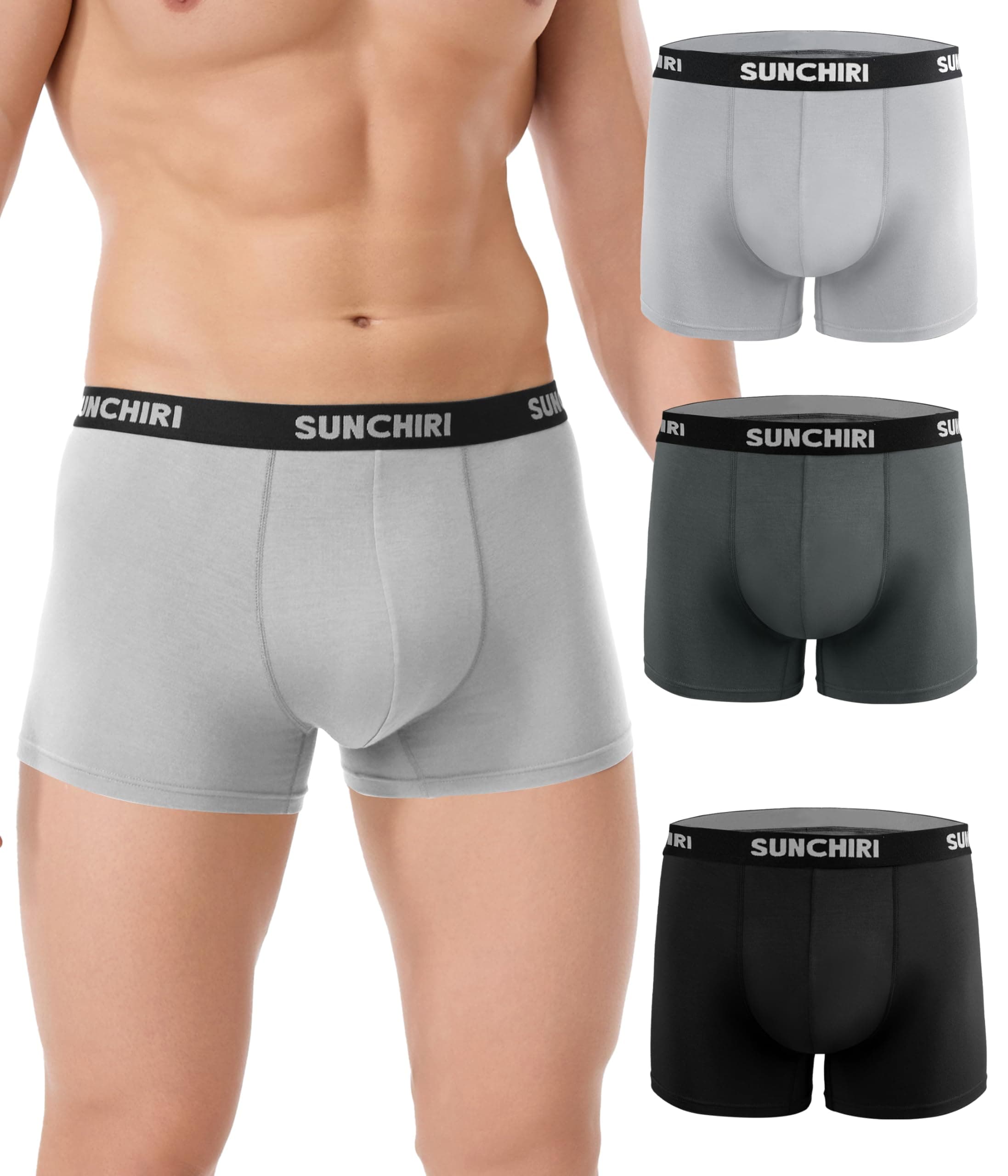 SUNCHIRI Mens Underwear, Modal Boxers Shorts Multipack of 3, Moisture Wicking Breathable Pants Trunks, No Itchy Labels Underpants (Grey Black, XL)