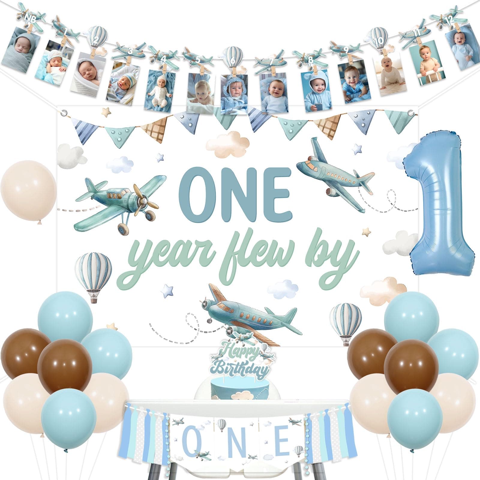 Kreatwow Airplane Party 1st Birthday Decorations Airplane Photo Banner One Year Flew By Birthday Backdrop Time Flies Plane Aviation Party Decoration High Chair Banner Cake Topper Balloons