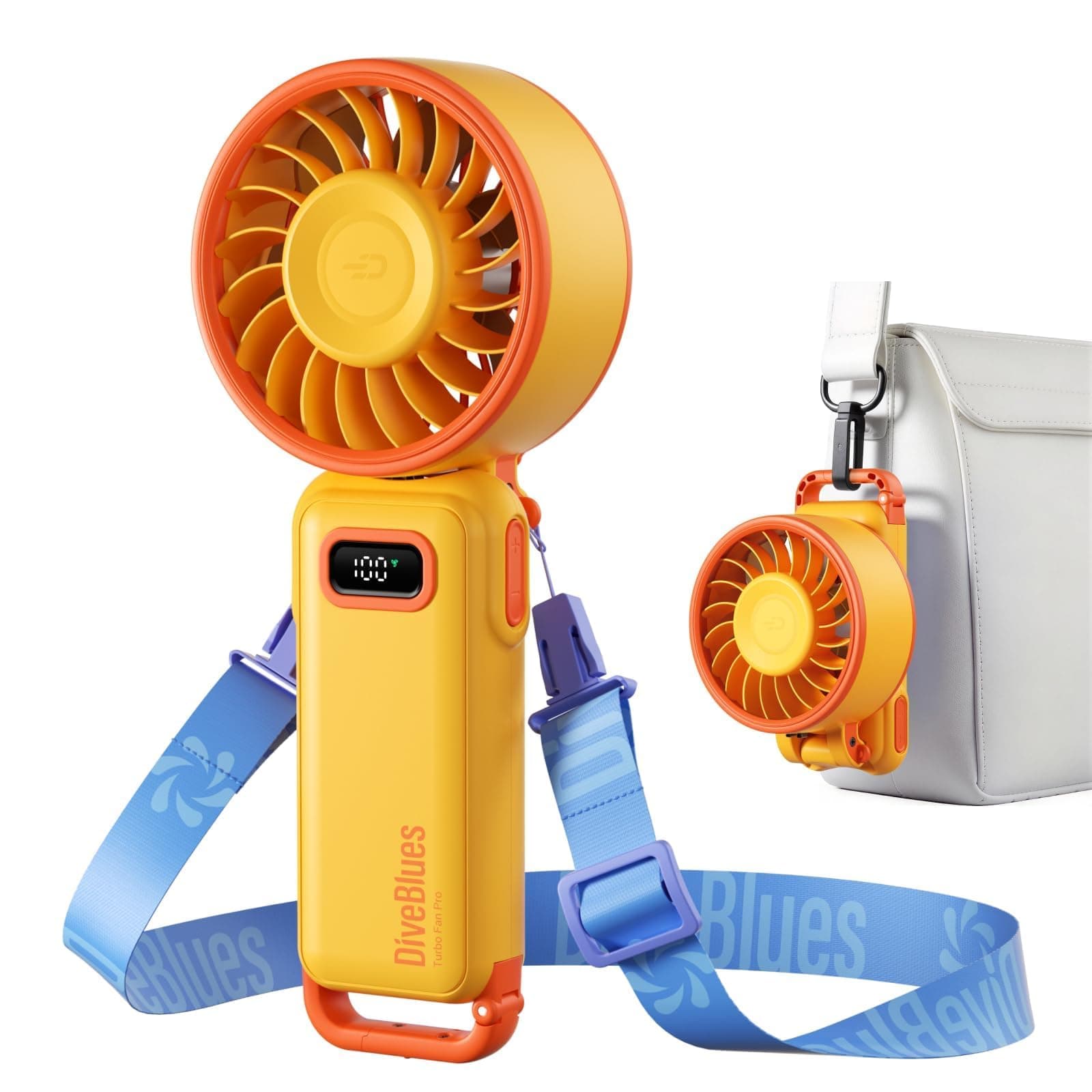 Diveblues Portable Handheld Fan, 7.4m/s High Speed Turbo Fan, 180° Foldable 4-in-1 Personal Neck Fan Integrated Carabiner Clip, 100 Speed Stepless Control, USB-C Rechargeable, 12H Battery, Fanzy D6036