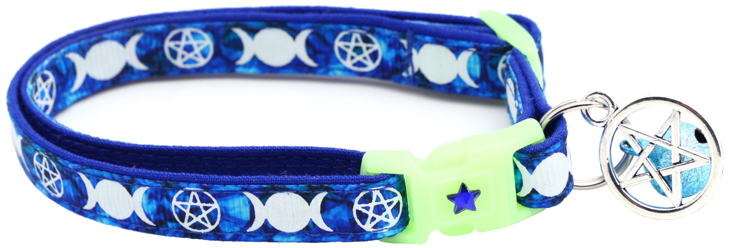 Wicca Cat Collar with Occult Charm & Bell | Witch’s Familiar on Pentacle Cat Collar | Witch Kitten Collar Charms | Glow in The Dark | Safety Breakaway Collar (Large(10lbs & Up), Sapphire)