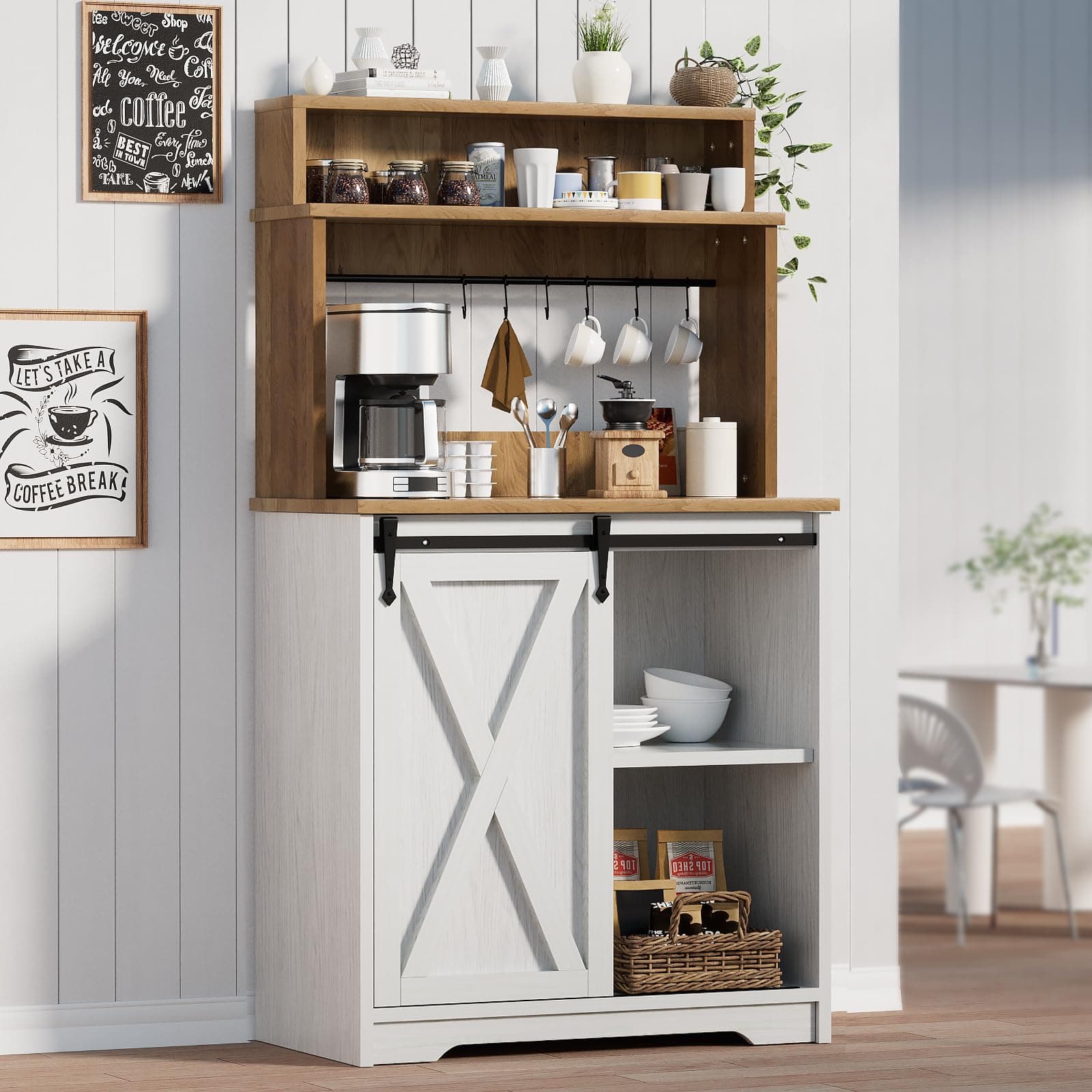 BestHaped Farmhouse Coffee Station with 3 Tier Storage Hutch & 6 Hooks - 56 Inch Small Coffee Bar Table with Adjustable Shelves for Living/Dining Room
